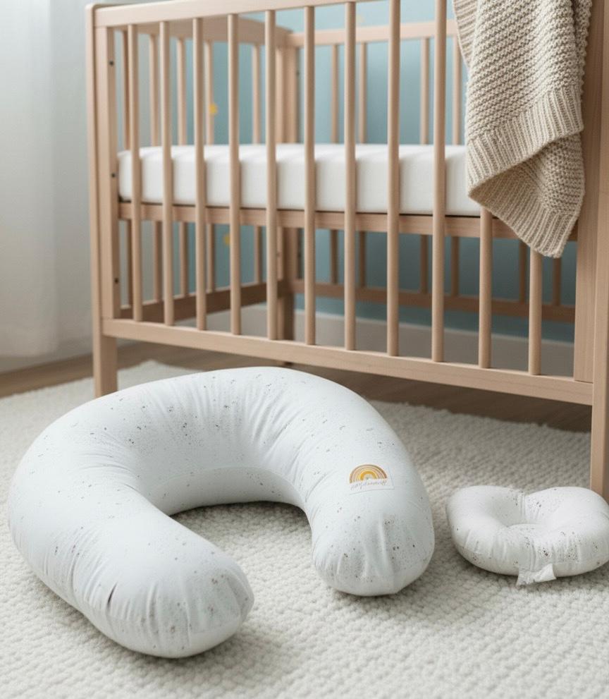 Printed Cotton Baby Nursing Pillow with Removable Cover & Head Pillow- White Dotted