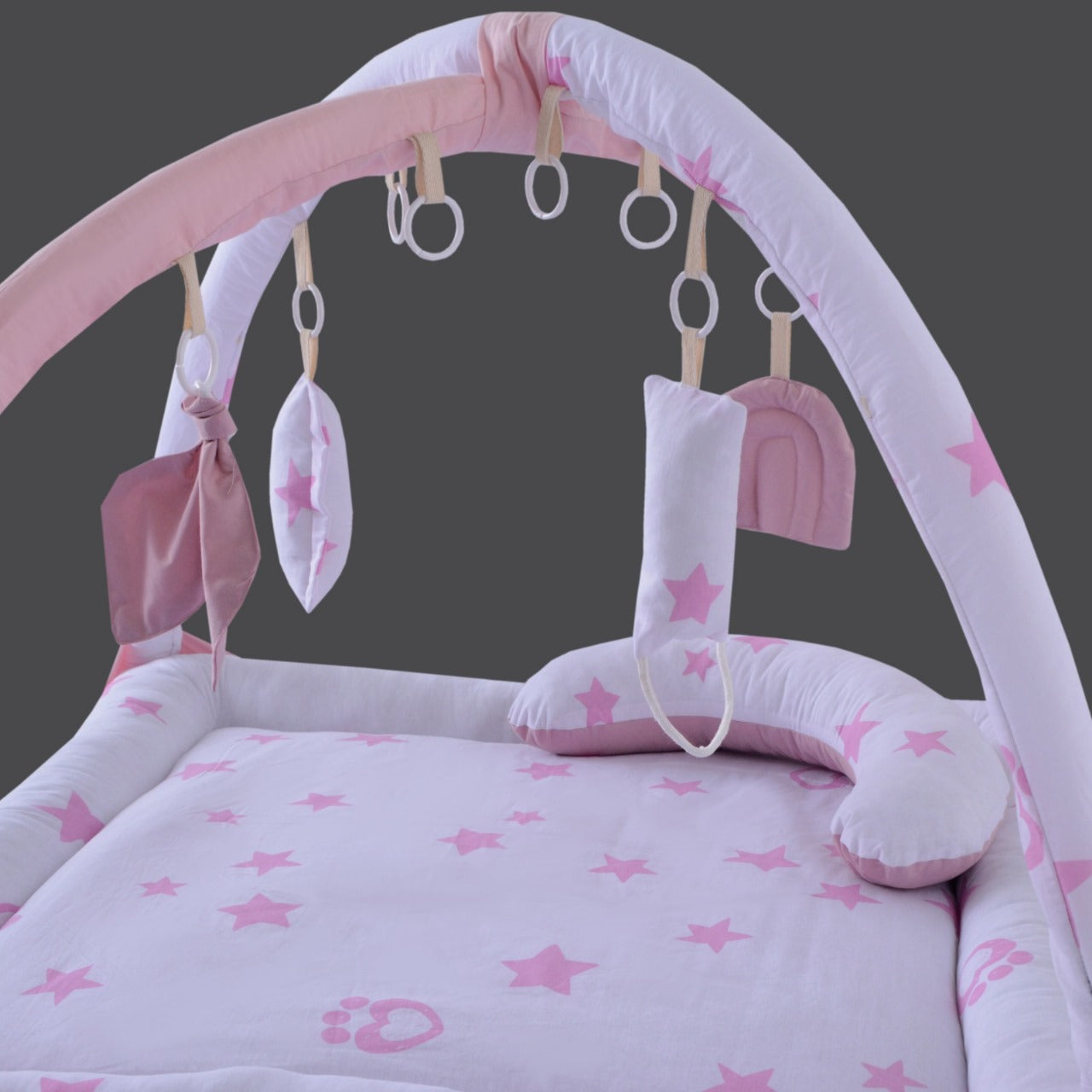 Printed Cotton Baby Playing Mat with Hanging Cushions & Pillow- Pink Star