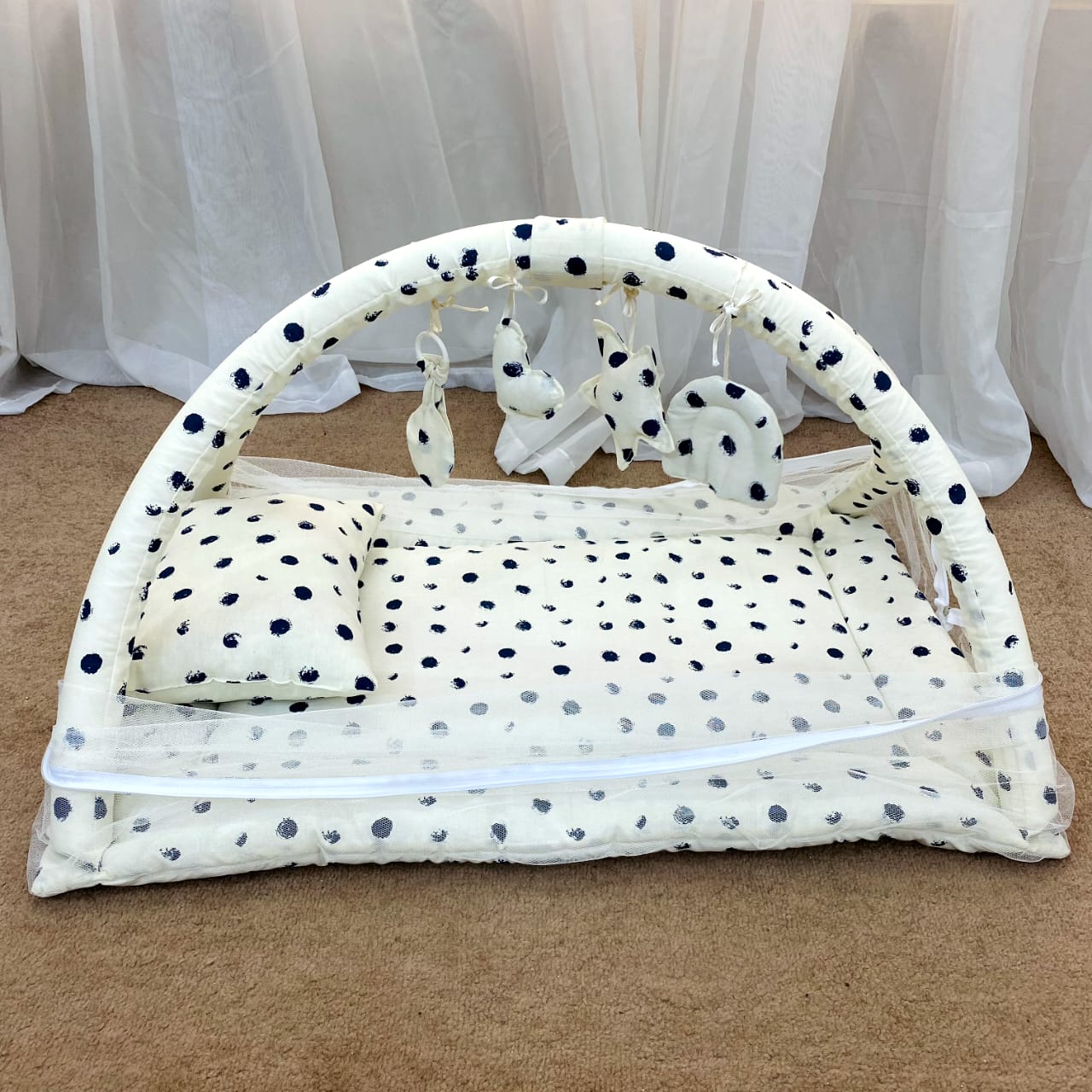 Baby Snuggle Mosquito Net with Pillow & Toy Hangings- White Dotted