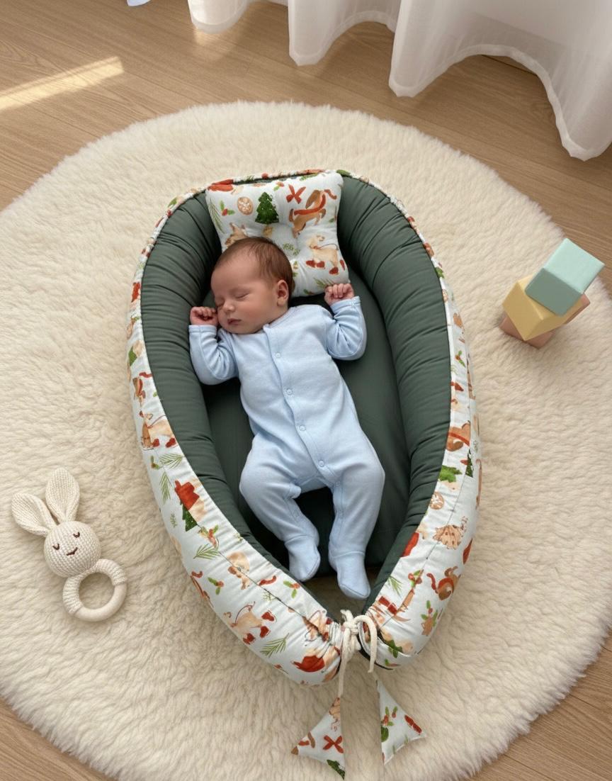 Two Sided  Printed Baby Nest with Head Pillow-Green