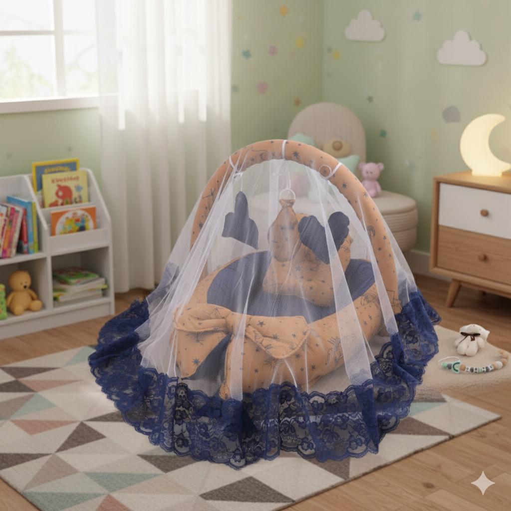 Printed Baby Snuggle Set With Pillow & Net- Yellow Tiger