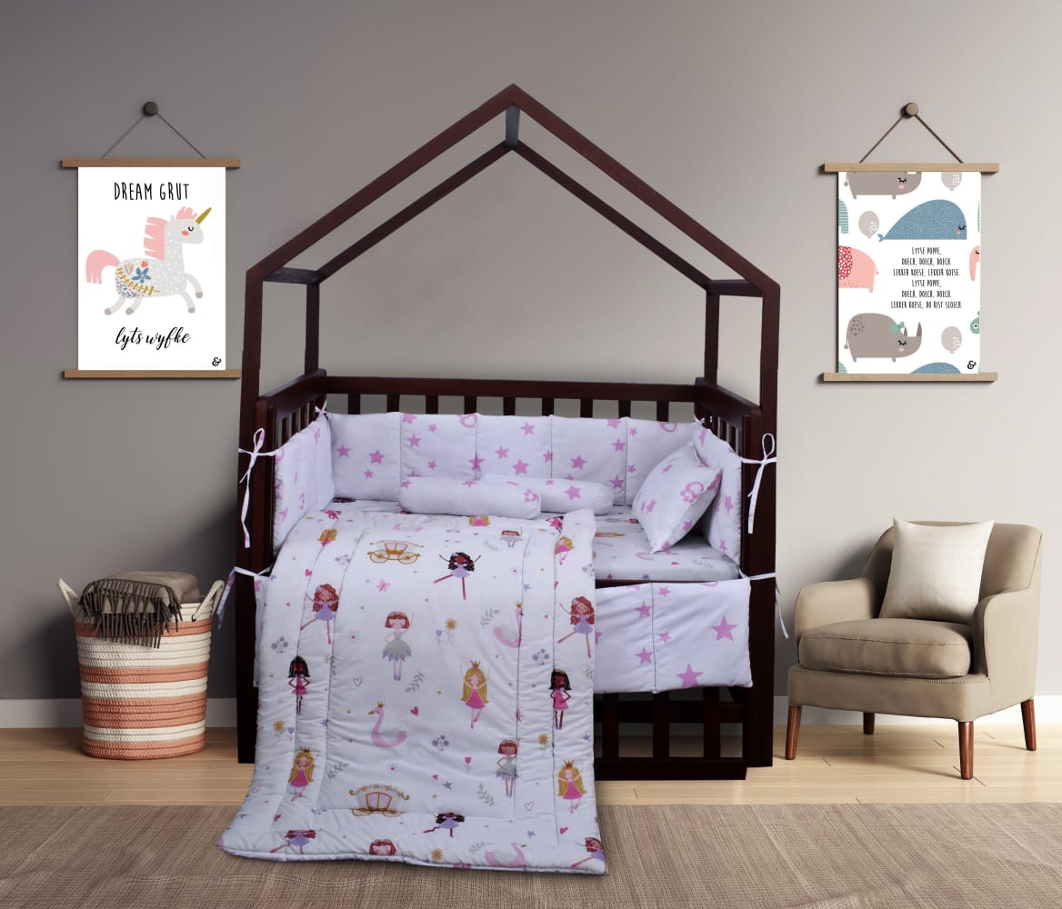 Printed Cotton Baby Cot Set for Girls- 9 pcs