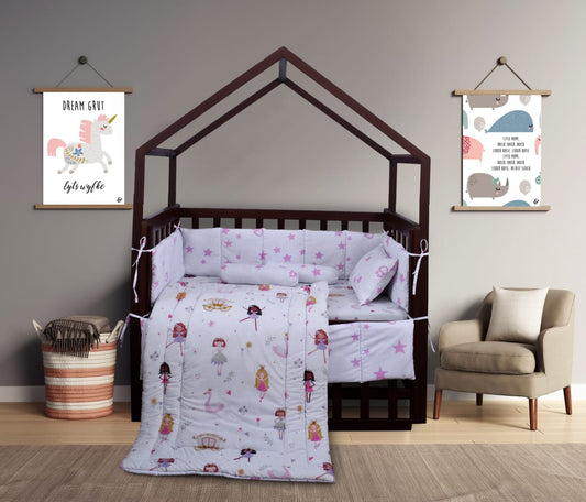Printed Cotton Baby Cot Set for Girls- 9 pcs