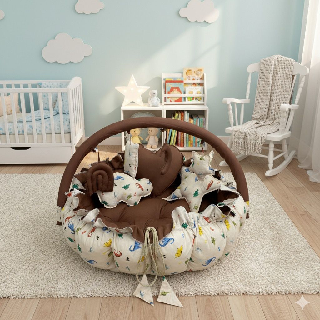 Printed Cotton Baby Round Cot with Pillows-Brown Animal
