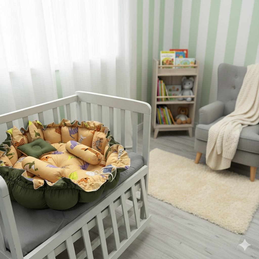 Printed Cotton Baby Round Cot with Pillows-Cat Carnival