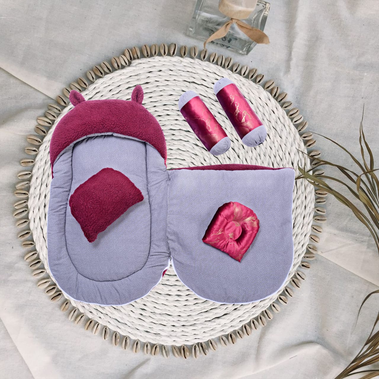 Texture velvet/Sherpa Baby Set, 7 pcs-Maroon