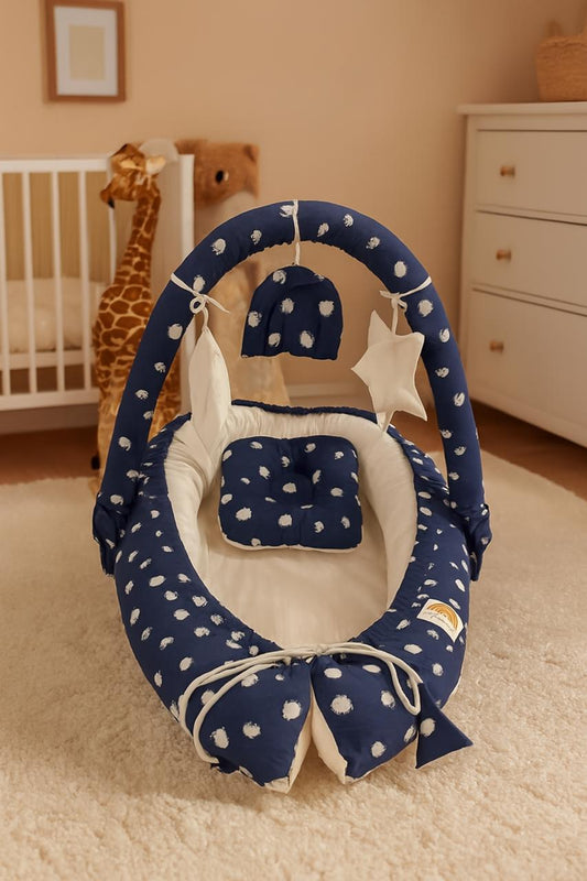 Printed Cotton Baby Snuggle Bed with Hanging Rod & Head Pillow- Navy Blue