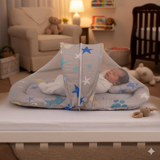 Printed Baby Mosquito Net with Pillow-Gray Star