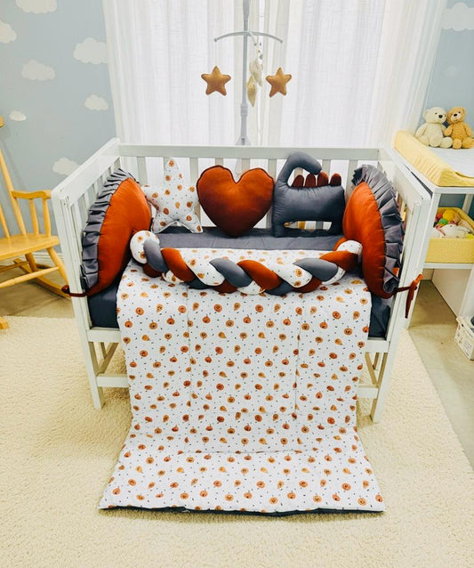 Printed Cotton Baby Cot Set-8 Pcs- Pumpkin Patch