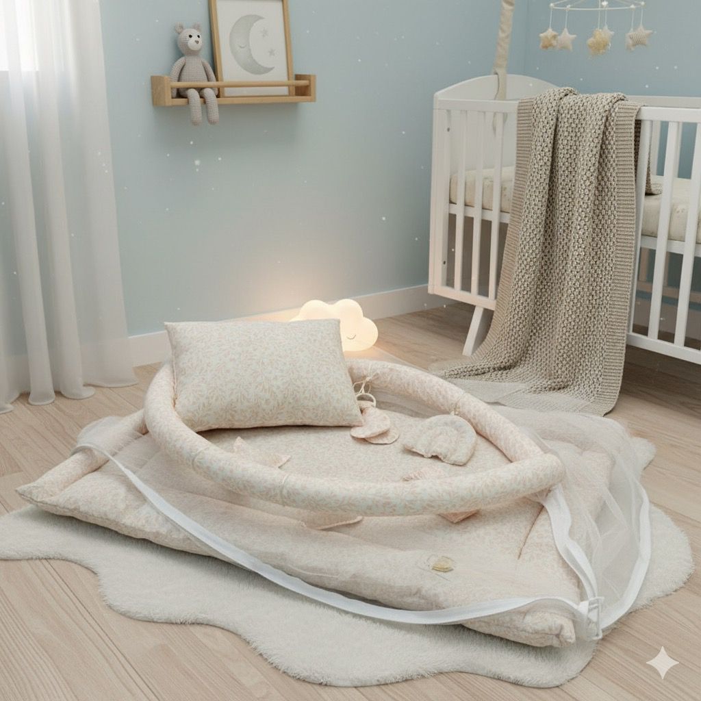 Baby Snuggle Mosquito Net with Pillow & Toy Hangings-Pink Floral