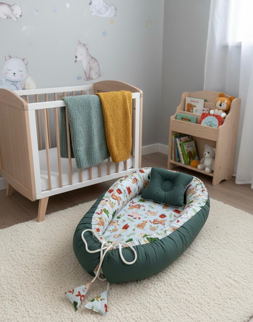 Two Sided  Printed Baby Nest with Head Pillow-Green