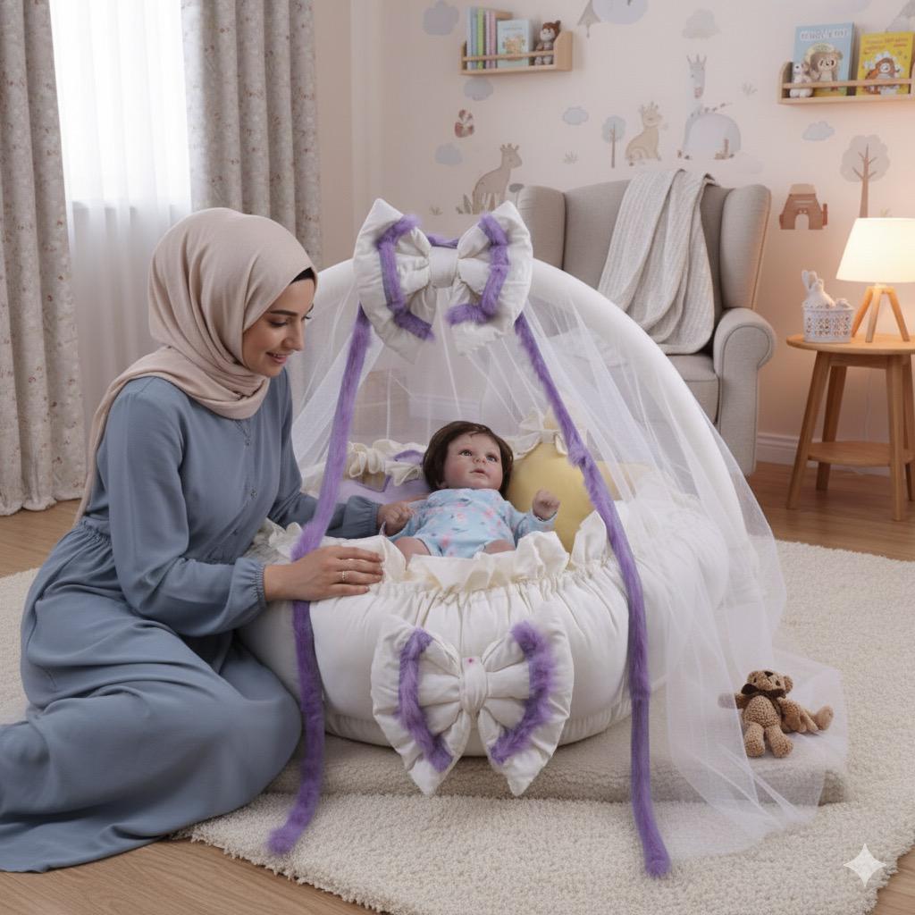 Luxury Baby Round Cot with Pillows & Net- Off White