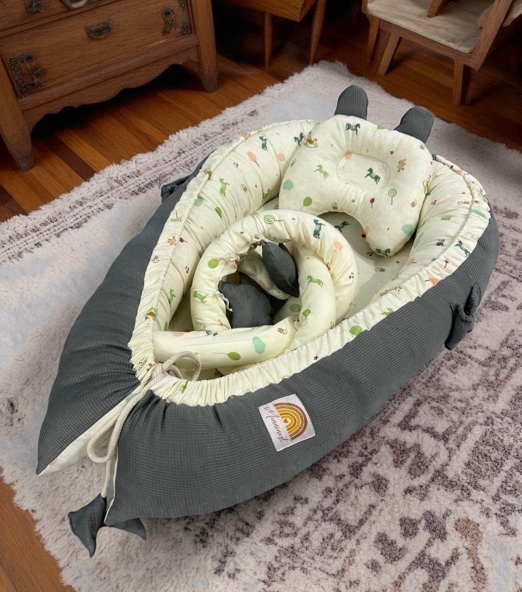 Cotton / Waffle Baby Snuggle Bed with Pillow- Gray