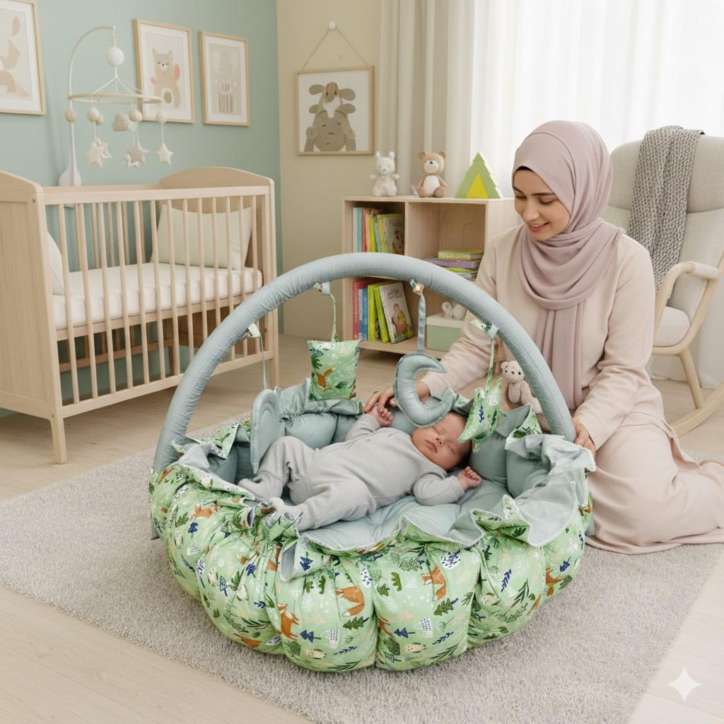 Printed Cotton Baby Round Cot with Pillows-Little Trees