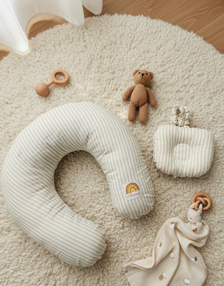 Printed Cotton Baby Nursing Pillow with Removable Cover & Head Pillow-Beige Stripes