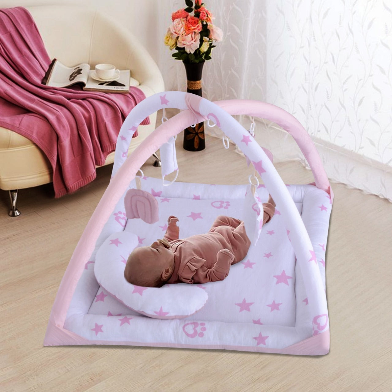 Printed Cotton Baby Playing Mat with Hanging Cushions & Pillow- Pink Star
