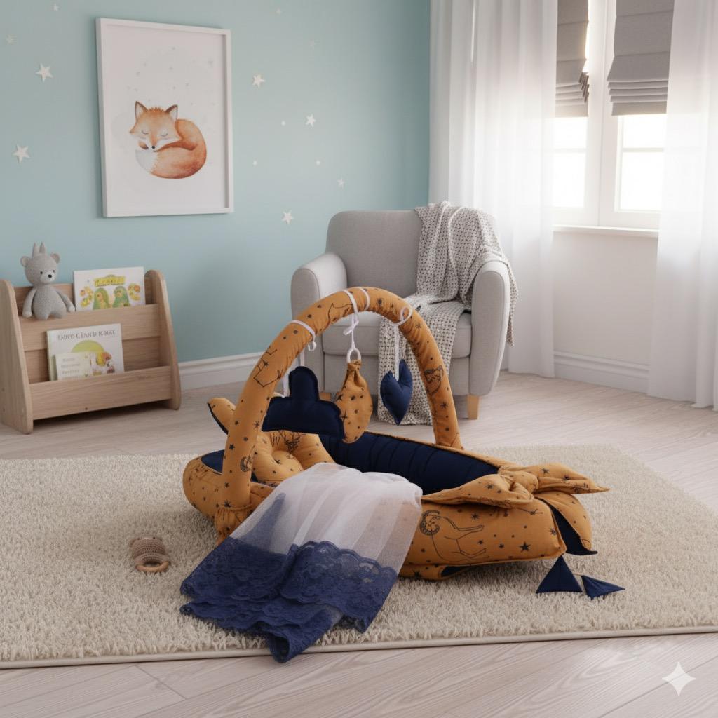 Printed Baby Snuggle Set With Pillow & Net- Yellow Tiger