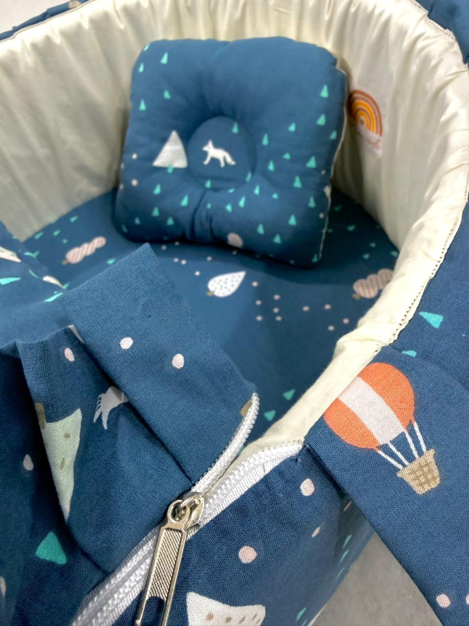 Printed Cotton Baby  Basket with Head Pillow- Blue Adventure