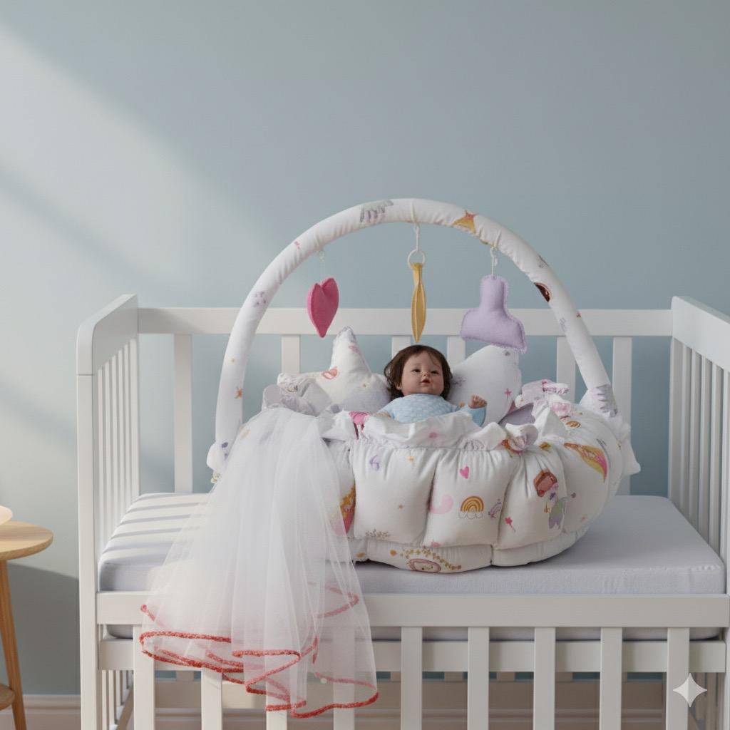 Printed Cotton Baby Round Cot with Pillows & Mosquito Net-White