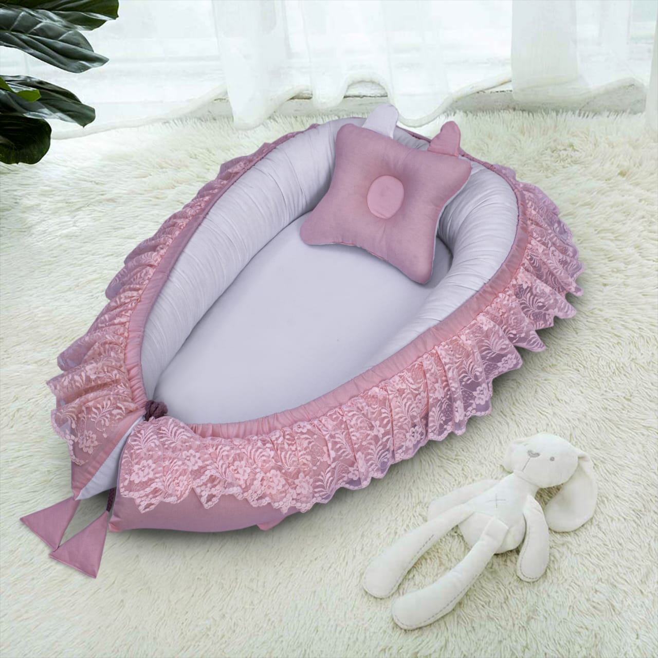 Frilly Lacy Baby Nest with Pillow-Pink & White
