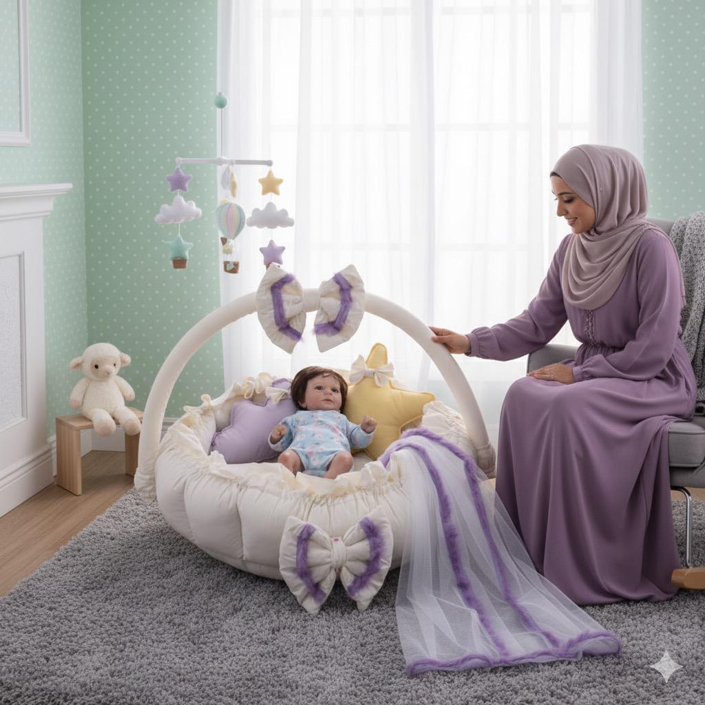 Luxury Baby Round Cot with Pillows & Net- Off White