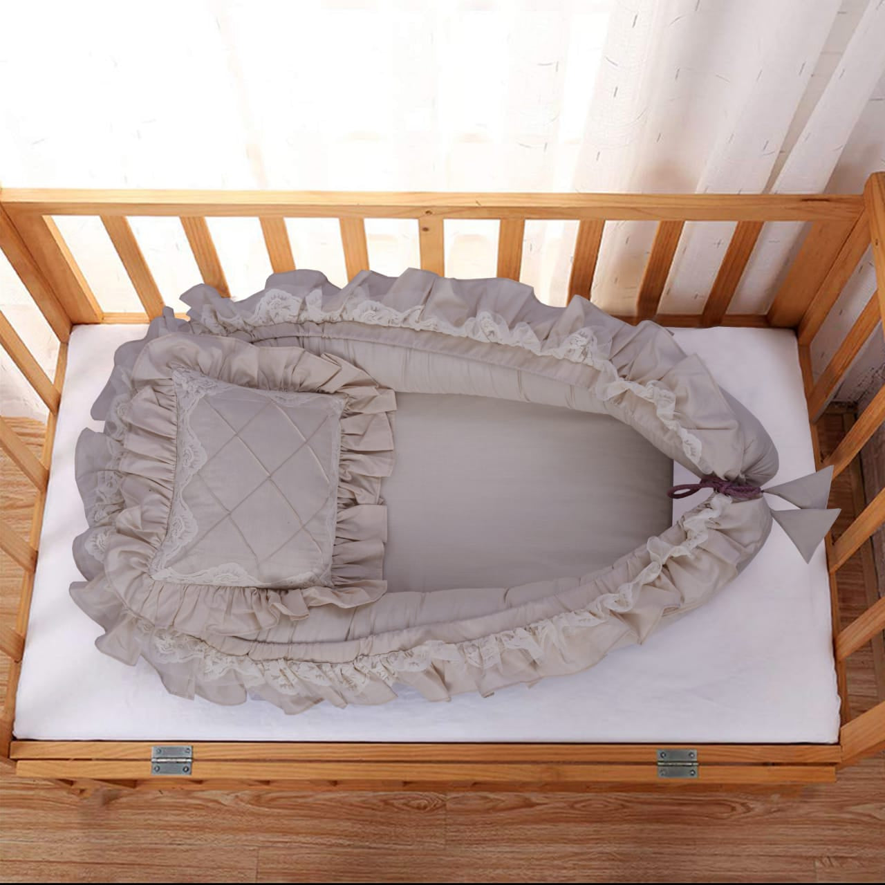 Luxury Double Frilly Baby Nest with Pillow-Beige