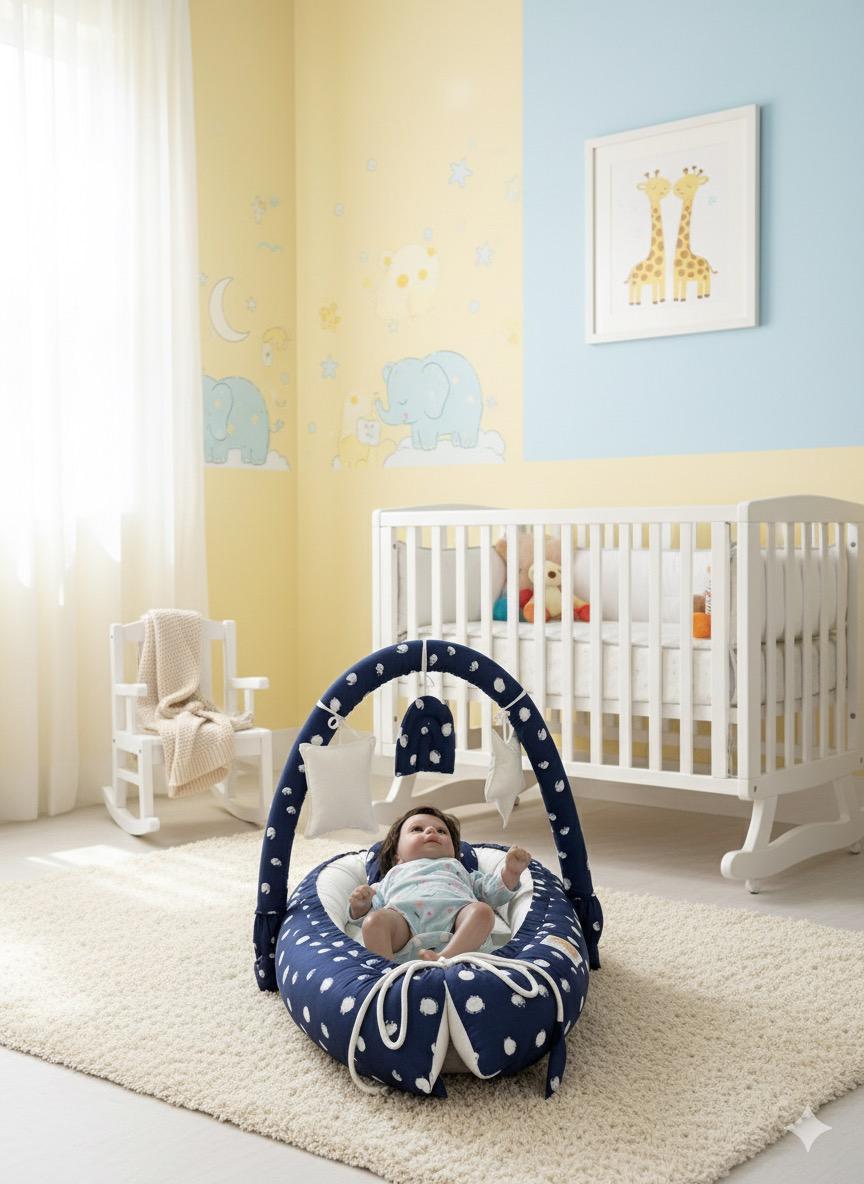 Printed Cotton Baby Snuggle Bed with Hanging Rod & Head Pillow- Navy Blue