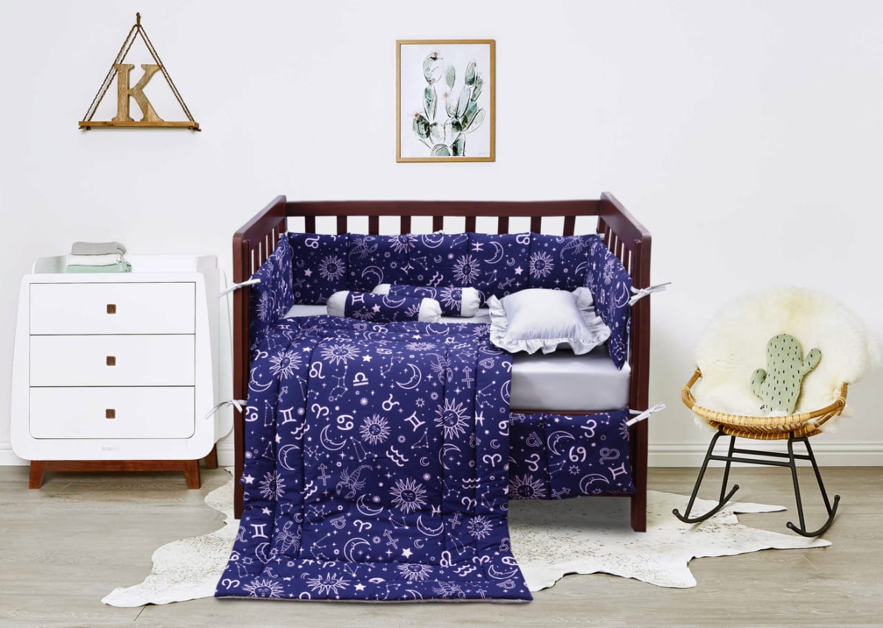 Sunshine Printed Baby Cot Set-9 pcs- Blue & Gray