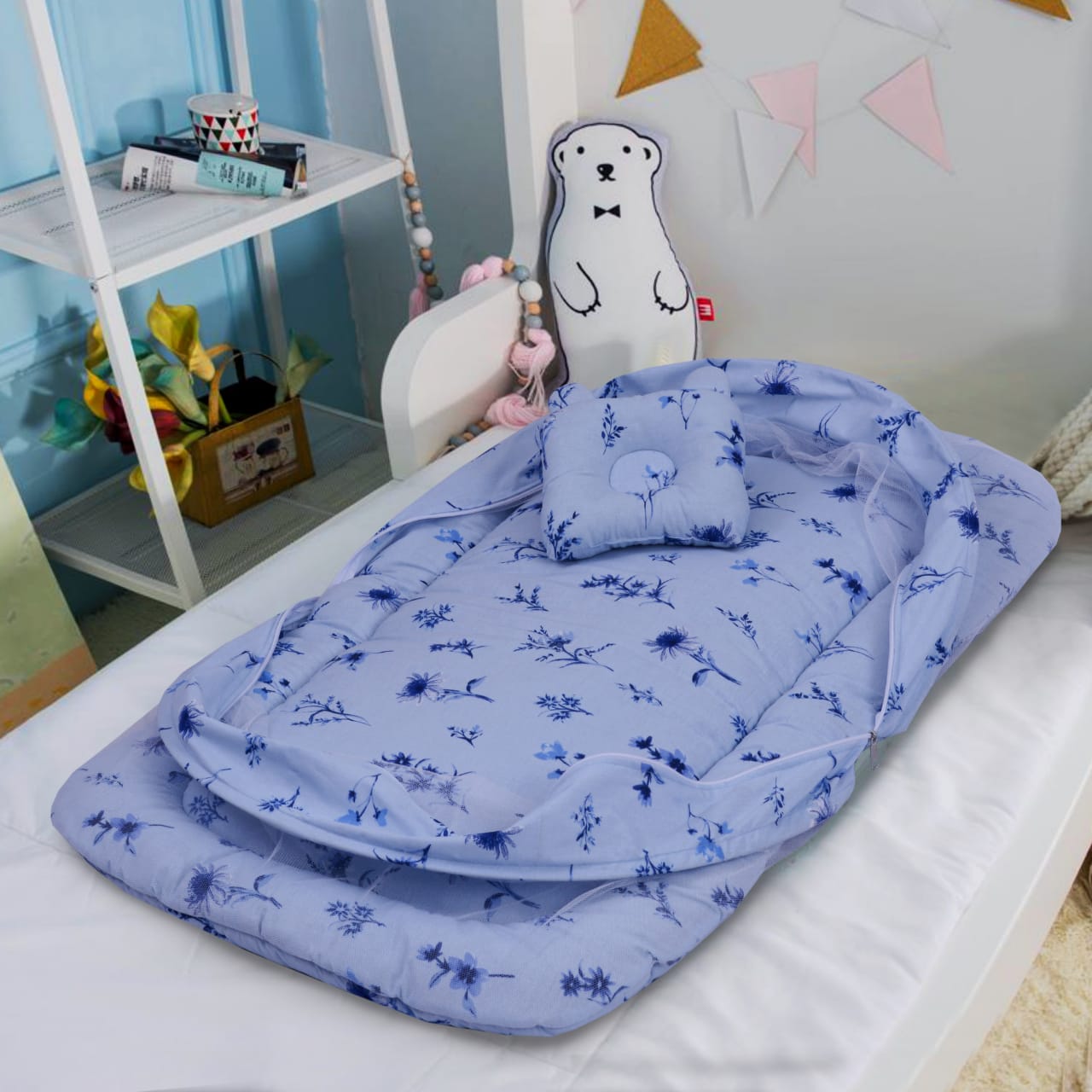 Printed Cotton Baby Mosquito Net with Pillow-Sky Floral