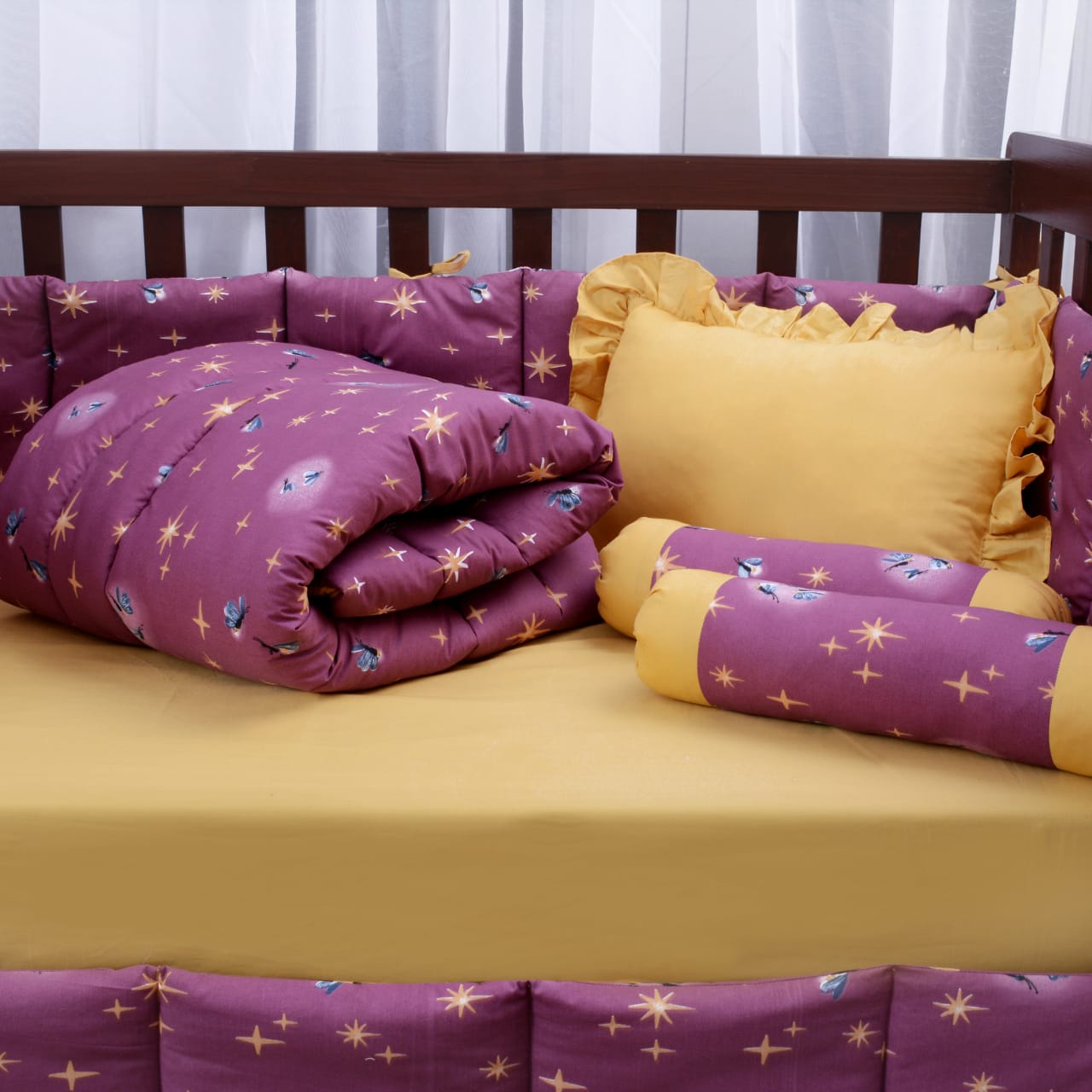 Printed Baby Cot Set-9 pcs-Golden Fireflies