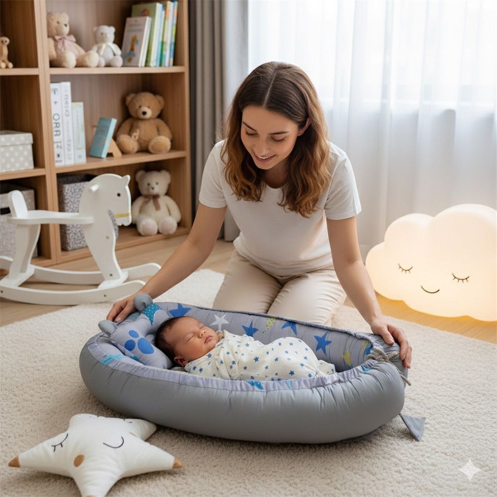 Printed Baby Nest with Head Pillow-Moon & Star