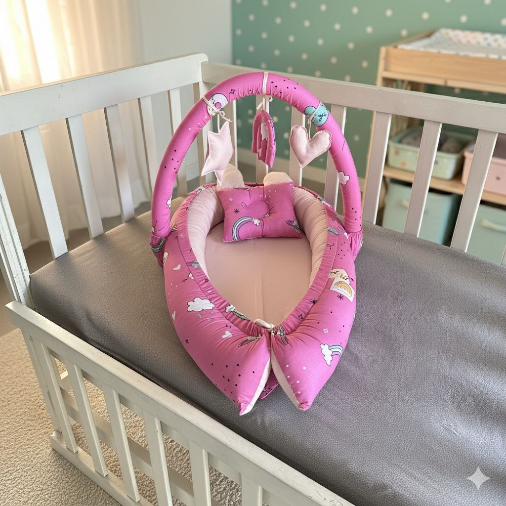 Printed Cotton Baby Snuggle Bed with Hanging Rod & Head Pillow-Pink
