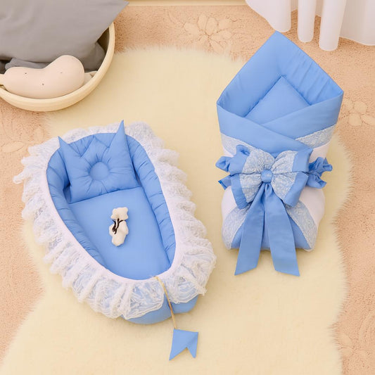 Luxury Cotton Baby Nest with Foldable Baby Sleeping Bag-Sky Blue