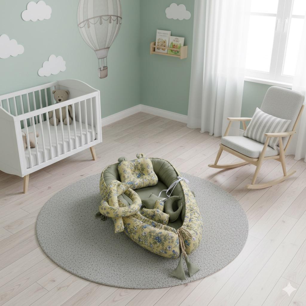 Printed Baby Nest with Hanging Rod- Green Flowers