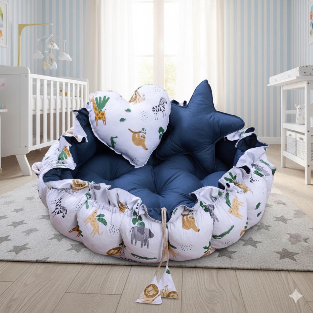 Printed Baby Round Cot with Pillows- Teal Forest