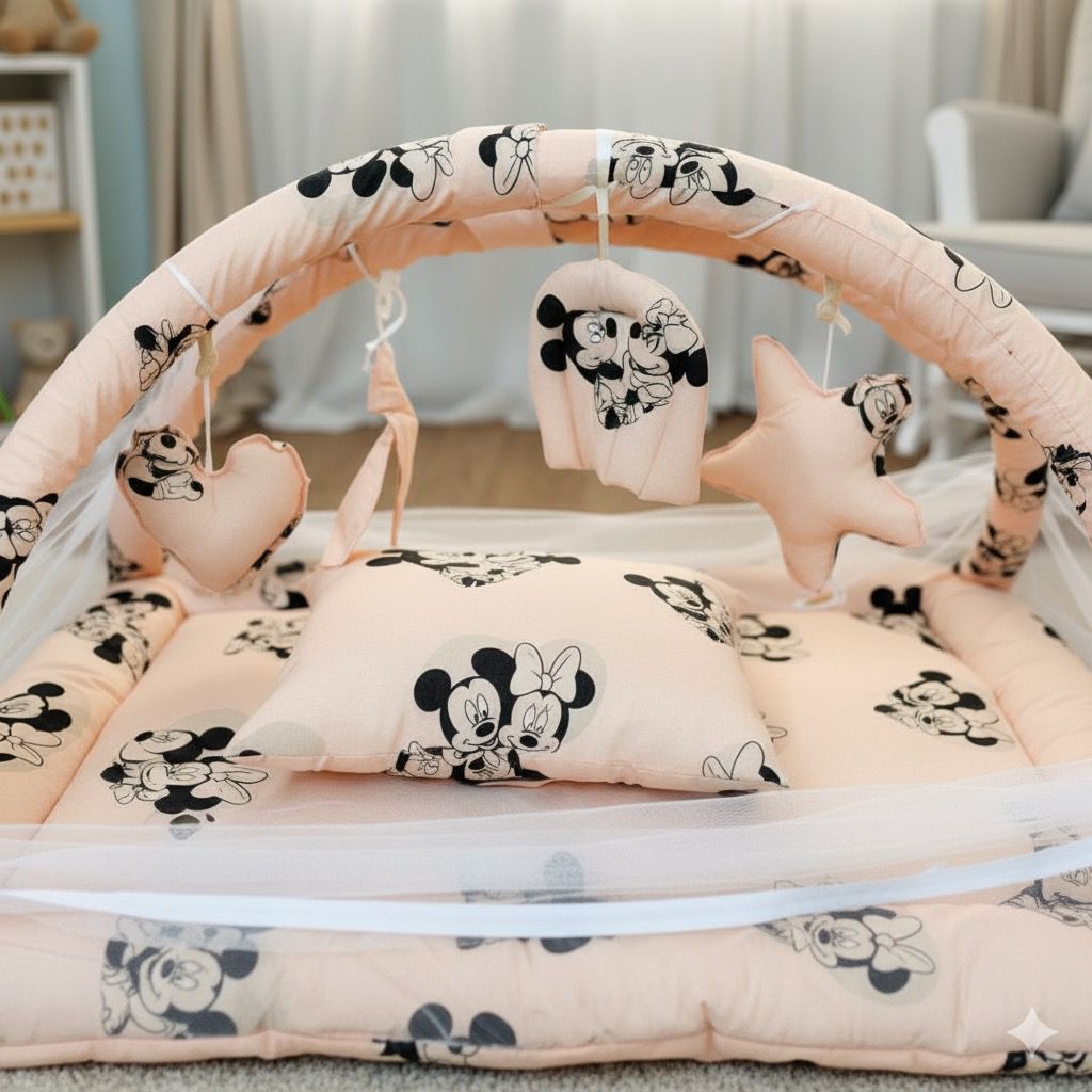 Baby Snuggle Mosquito Net with Pillow & Toy Hangings- Micky Mouse