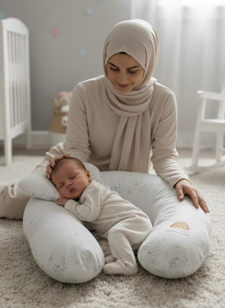 Printed Cotton Baby Nursing Pillow with Removable Cover & Head Pillow- White Dotted