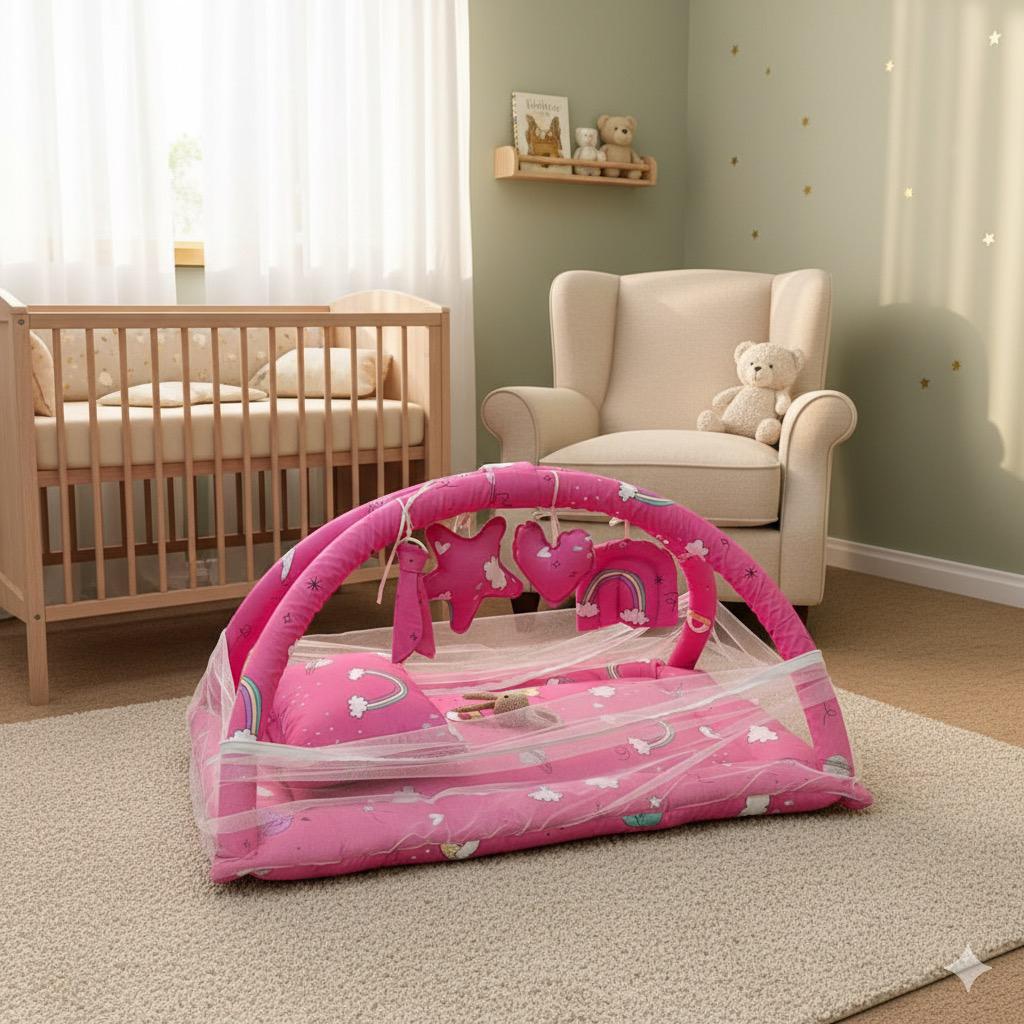 Baby Snuggle Mosquito Net with Pillow & Toy Hangings-Pink Rainbow