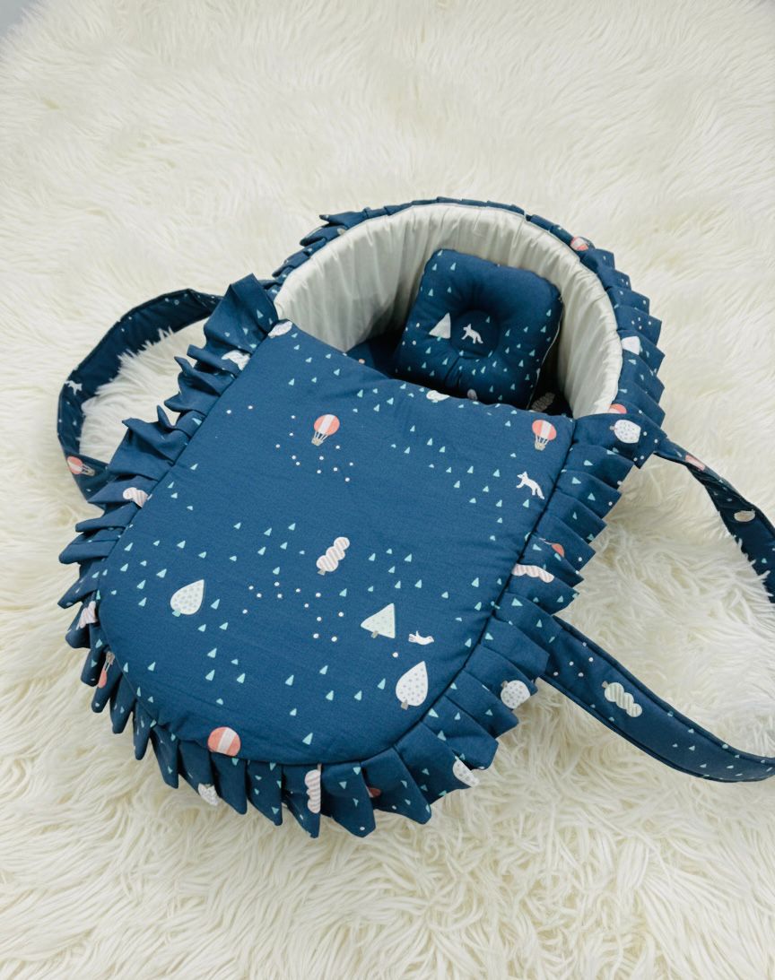 Printed Cotton Baby  Basket with Head Pillow- Blue Adventure