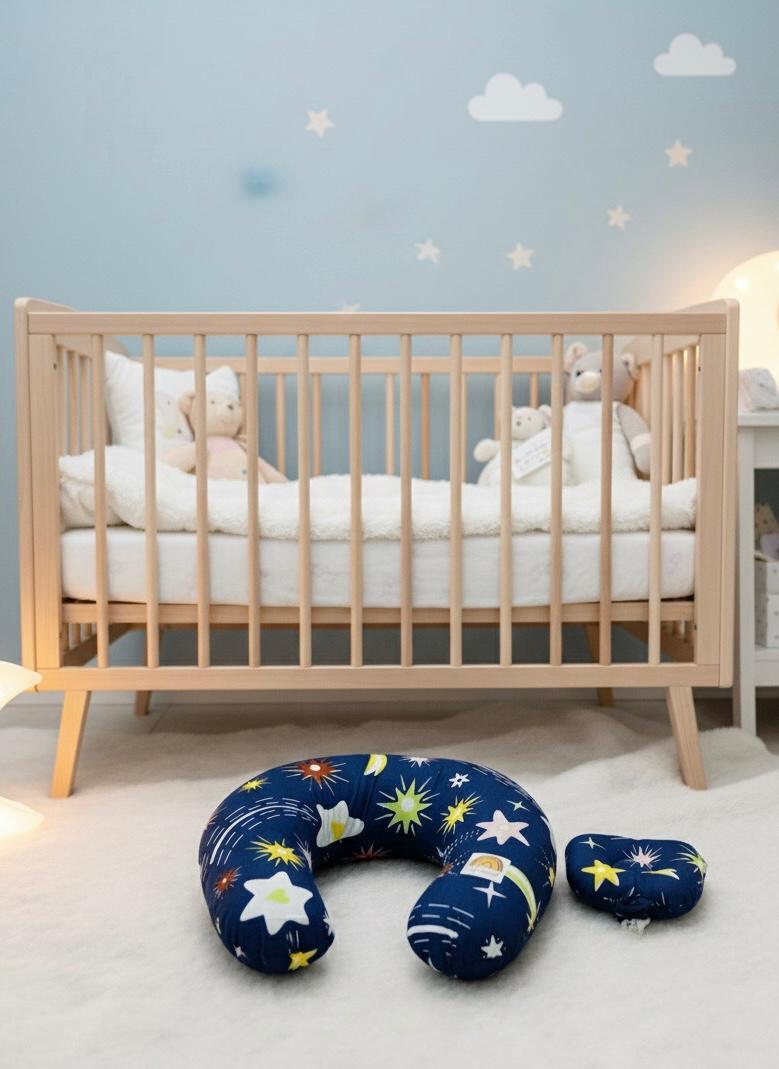 Printed Cotton Baby Nursing Pillow with Removable Cover & Head Pillow- Shiny Stars