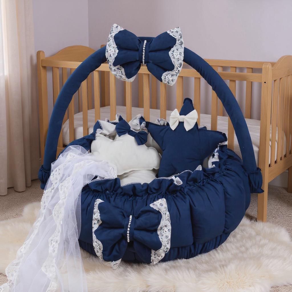 Luxury Baby Round Cot with Pillows and Net-Navy Blue & Off white