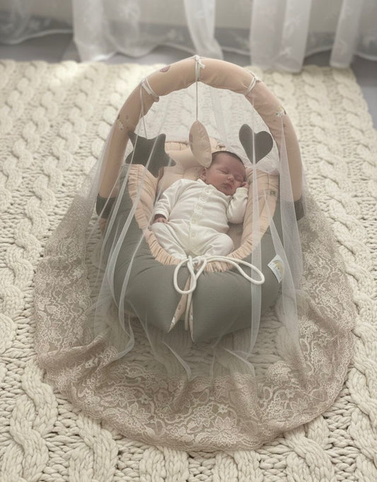 Cotton/ Waffle Baby Snuggle Bed With Pillow and Mosquito Net- Beige
