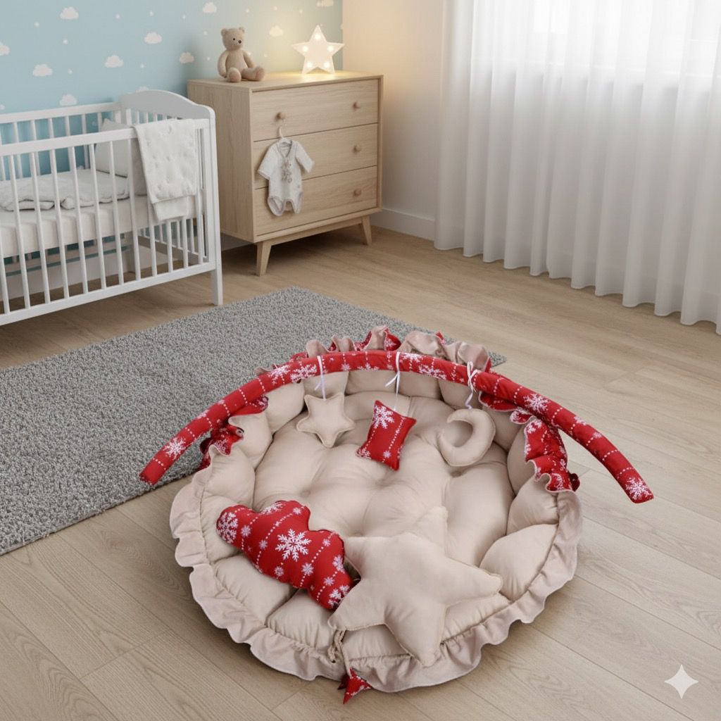 Printed Cotton Baby Round Cot with Pillows- Red Flowers