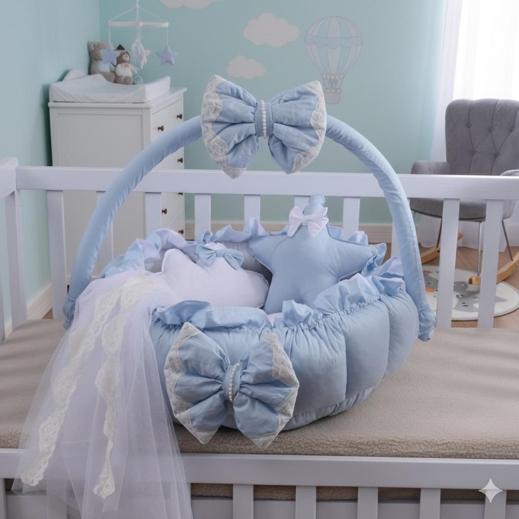 Luxury Baby Round Cot with Pillows and Net-Sky Blue & white