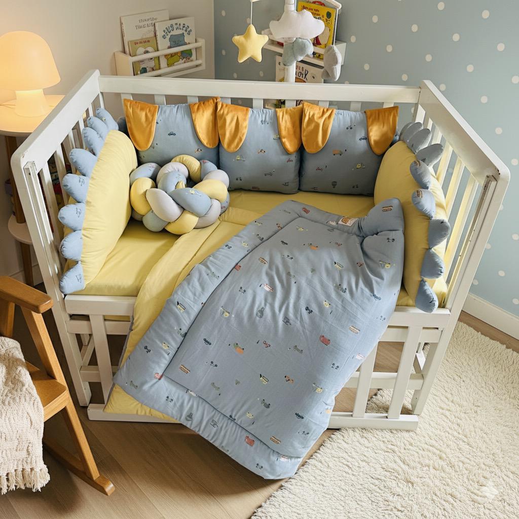 Printed Cotton Baby Cot Set-8 Pcs- Gray Transport