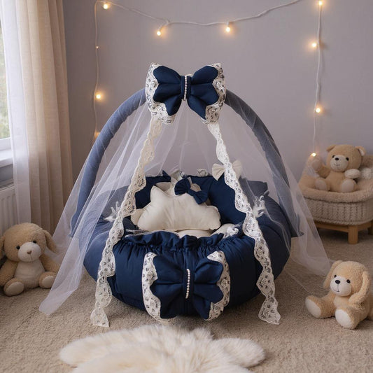 Luxury Baby Round Cot with Pillows and Net-Navy Blue & Off white