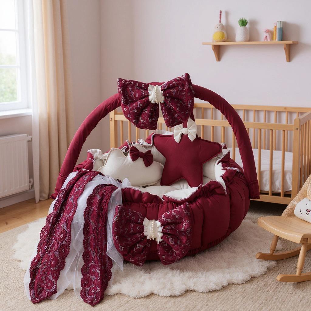 Luxury Cotton Baby Round Cot with Pillows & Net- Maroon & Off White