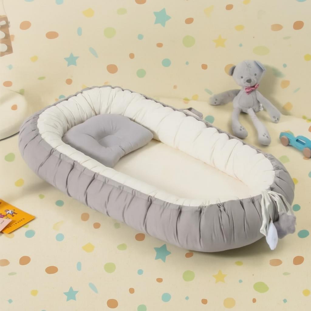 Cotton Baby Nest with Head Pillow- Off white & Light Gray