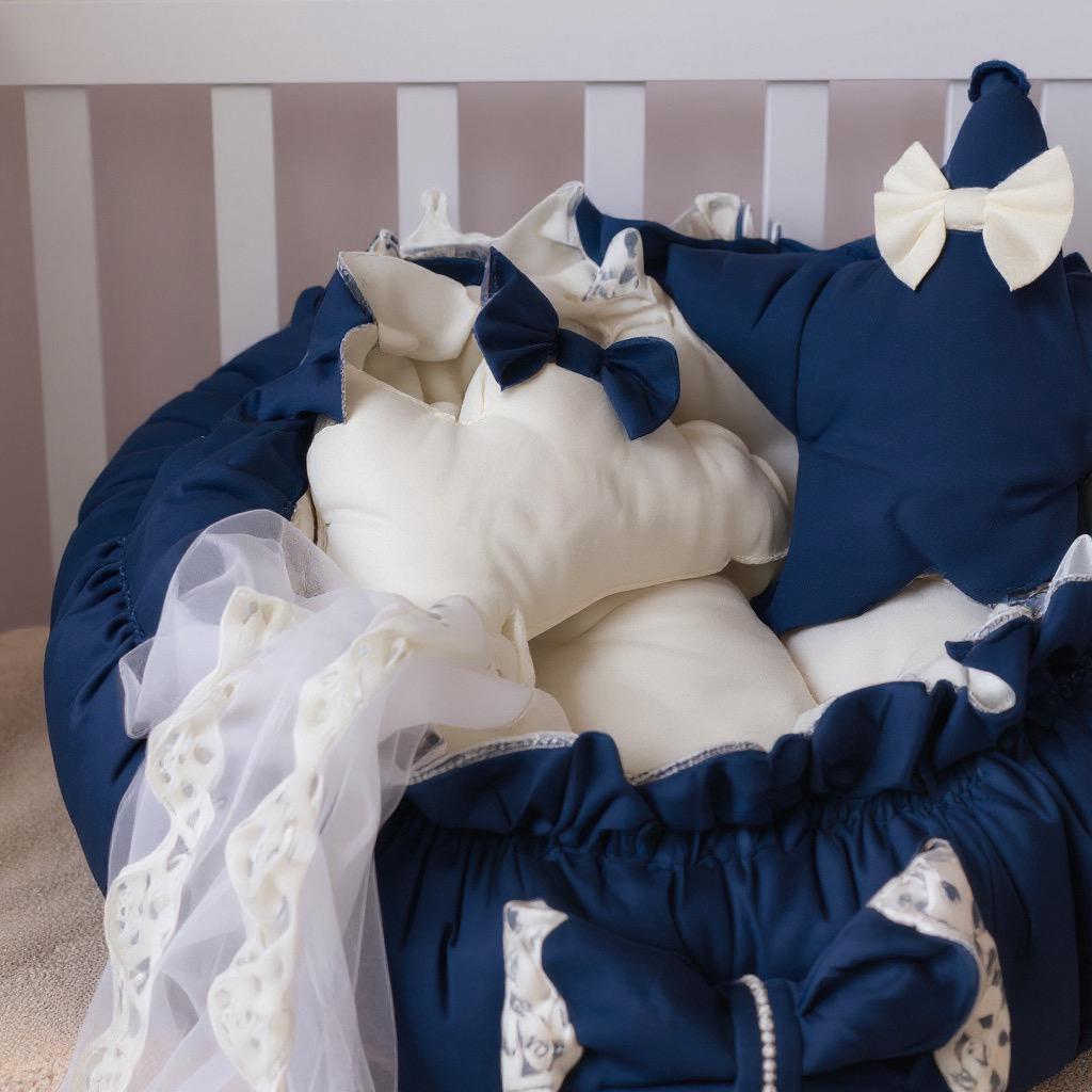 Luxury Baby Round Cot with Pillows and Net-Navy Blue & Off white