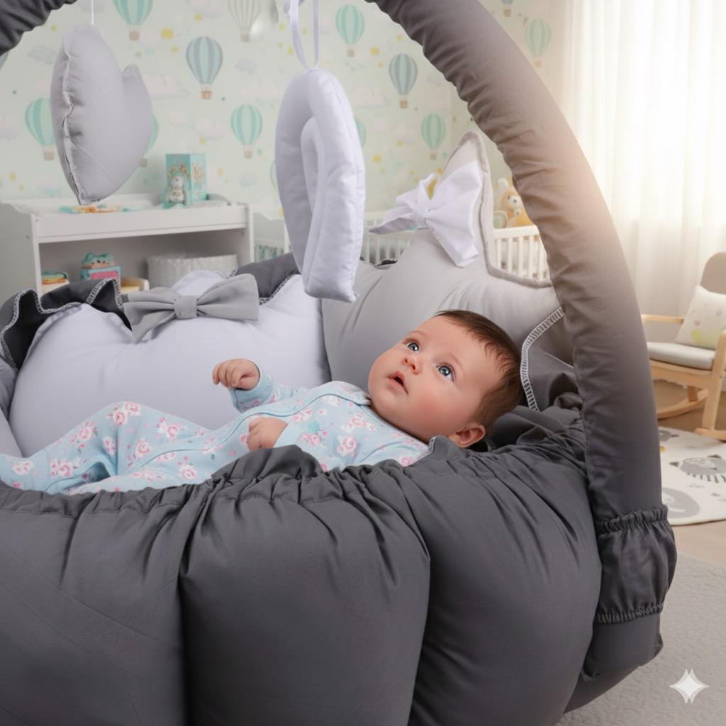 Cotton Baby Round Cot With Pillows & Mosquito Net- Dark Gray